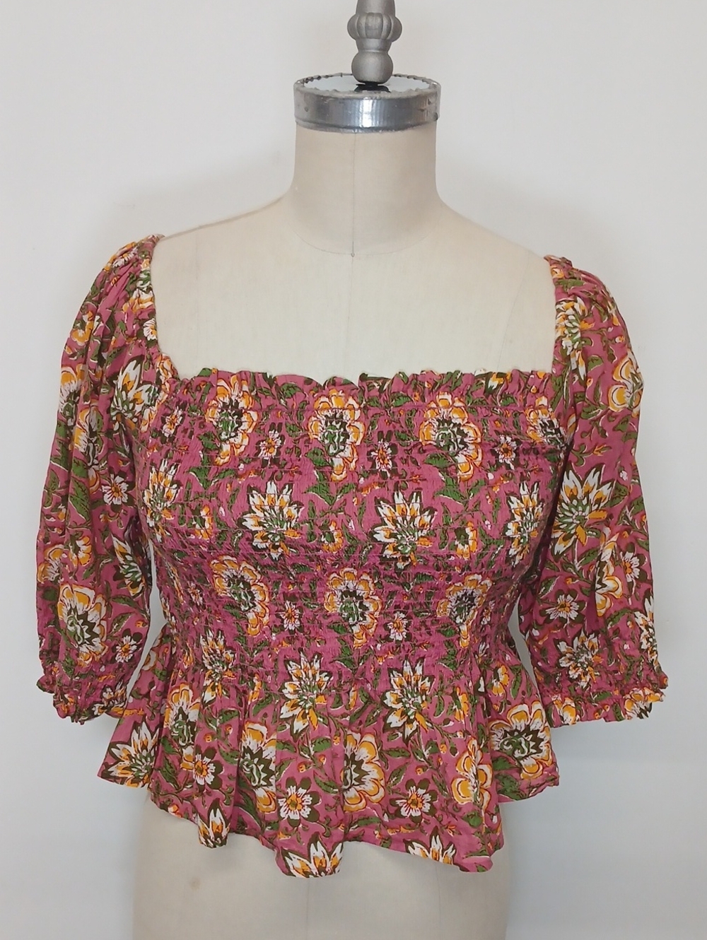 Velvet by Graham & Spencer Pink Floral Smocked Blouse with Green Accents / M